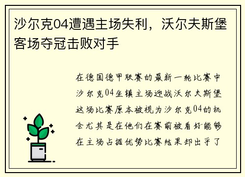 沙尔克04遭遇主场失利，沃尔夫斯堡客场夺冠击败对手